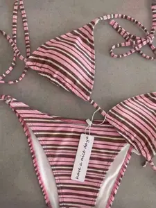 Women's Striped Halter Bikini Set, Tie-Back Split Design Swimsuit, Summer Beach Vacation Backless Slimming Swimwear