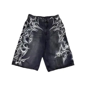 Noctra Retro Gothic Printed Denim Shorts