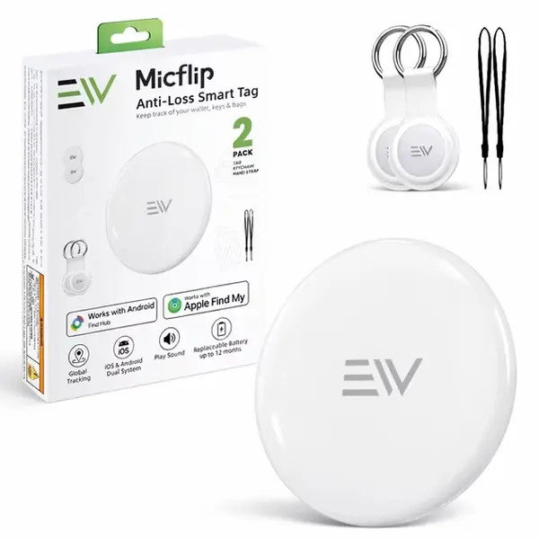 Micflip Bluetooth Tracker Smart Tag 2 Pack for Apple Find My & Android Find Hub Wireless Item Finder for Keys, Wallet, Luggage & Bags with Sound Alert, Last Location