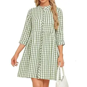 Women's 3/4 Sleeve Plaid Mini Dress Gingham Button Down Crewneck Casual Checkered Tunic Shirt Dress