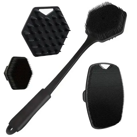 Soft Silicone Body Brush Set, Back Scrubber, Shower Brush, Hairbrush & Facial Cleansing Tool, Gentle Exfoliating & Foaming Bath Accessories, Shower Cleaning Brush, Bathing Accessory
