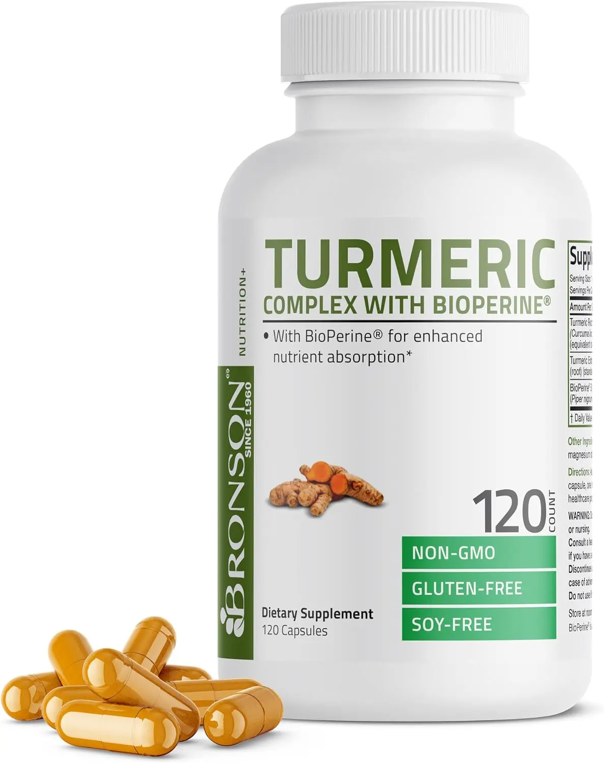 Bronson Turmeric Curcumin with BioPerine for Joint Support, 120 Capsules | 95% Curcuminoids, BioPerine for Absorption, Digestion & Antioxidant Support, Non-GMO, Gluten-Free & Soy-Free