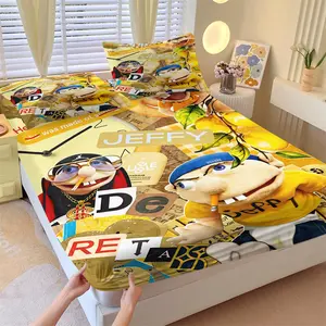 Funny Patchwork Fitted Sheet Set & 2 Pillowcases Without Inner, Yellow Background, American Cartoon Rag Doll & Eye-Catching Text Design, Soft Comfortable Easy Care, Quirky and Unique Bedroom Decor, Gift for Fans