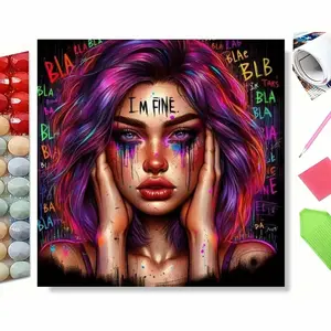 5D Full Drill Diamond Painting Kit, "I'm Fine" Colorful Graffiti Girl with Purple Hair Art for Home Wall Decor, DIY Craft with Sparkling Rhinestones, Canvas & Tools, Perfect for Pop Art & Mental Health Themed Decoration
