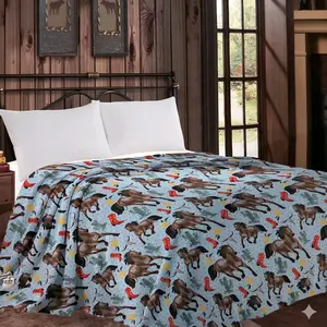 Queen Size Western Horse & Cowboy Boot Blanket | Blue Pastel Cowgirl Plush Throw