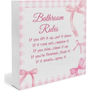Pink Bow Bathroom Decor, Girls Bathroom Rules Rustic Wooden Box Sign, Little Pink Restroom Decor Farmhouse Toilet Signs Wooden Home Sign 5x5inch