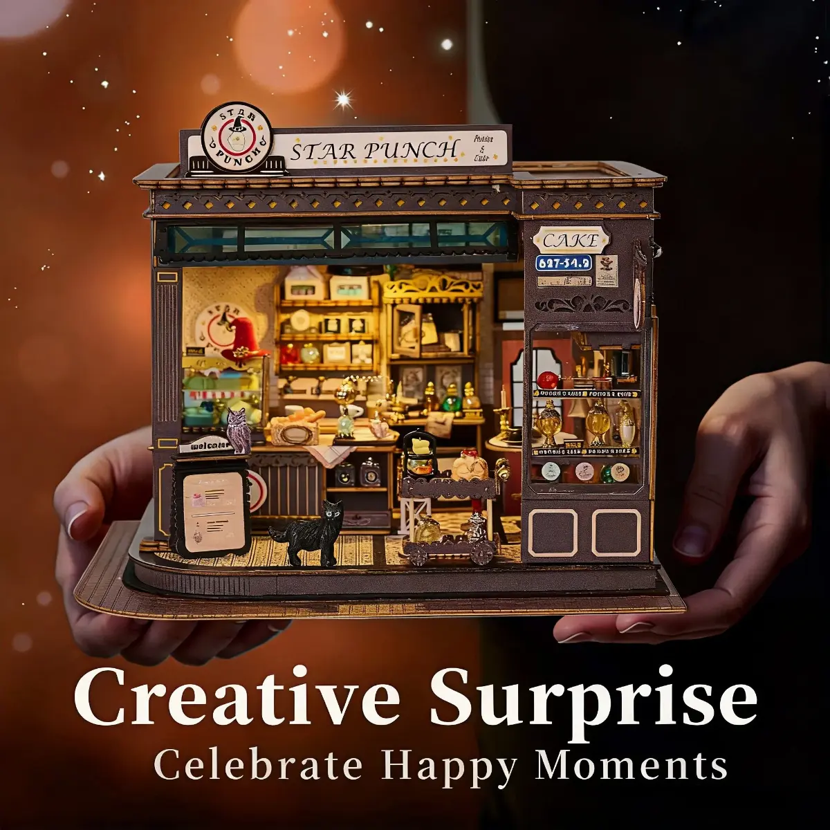 Magic Coffee House DIY Kit LED Wooden Dollhouse for Shelf Decor with Detailed Interior Star Punch Sign bood nook