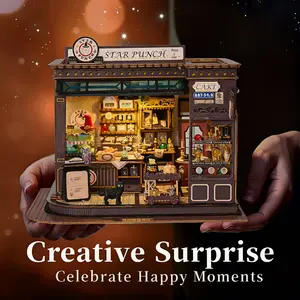Magic Coffee House DIY Kit LED Wooden Dollhouse for Shelf Decor with Detailed Interior Star Punch Sign bood nook