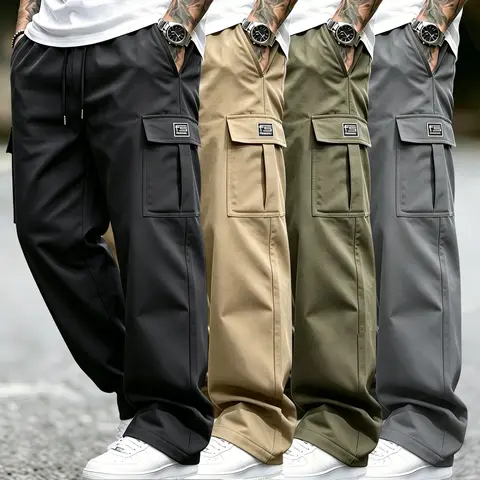 Men’s 4-Pack Baggy Wide-Leg Cargo Pants - Mens Clothing, Men's Streetwear, Drawstring Waist, Multi-Pocket Carry, Lightweight Plain Wrinkle-Resistant Soft Breathable, Casual Work Long Pants (Dark Blue, Khaki, Army Green)