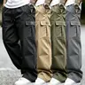 Men’s 4-Pack Baggy Wide-Leg Cargo Pants - Mens Clothing, Men's Streetwear, Drawstring Waist, Multi-Pocket Carry, Lightweight Plain Wrinkle-Resistant Soft Breathable, Casual Work Long Pants (Dark Blue, Khaki, Army Green)