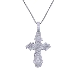 Full-Pavé Thorn Cross Pendant Necklace — Sparkling Geometric Hip-Hop Diamond Rope Chain Jewelry