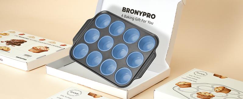 BRONYPRO Silicone Muffin Pan with Metal Frame, Nonstick 12-Cup Cupcake Pans, Easy to Pop Non-Toxic Bakeware for Oven, Gifts For Mom, Steel,Baked