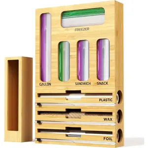 9 IN 1 Bamboo Foil and Plastic Wrap Organizer for Kitchen Drawer, Plastic Bag Organizer Organization and Storage, Food Storage Bag Organizer with Labels for Quart Gallon Snack Sandwich Bag