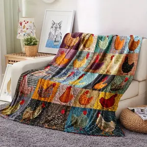 Vintage Style Rustic Appeal Colorful Chicken Patchwork Quilt, Soft Flannel Fabric, Digital Print, 250-300gsm, Multiple Uses Ideal for Sofa, Bed, Office, Car, Camping