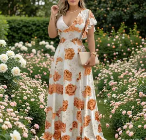 Women's Floral Print V-Neck Ruffle Sleeve Satin Maxi Dress Elegant Evening Party Gown Womenswear Summer Vneck Casual Shortsleeve v neck dress