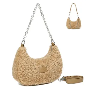 Eslcorri Fuzzy Sherpa Crescent Purse for Women with Chain & Leather Strap - Small Hobo Shoulder Bag - Cute Everyday Handbag 2025