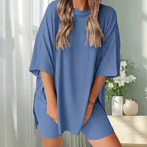 CLOUD-LIKE Spring-Summer Minimalist  Set | Street Style Solid  Pair | Oversized Breathable sleeve t-shirt & Stretchy skinny Biker Shorts | Street to  Casual Travel 2-piece et Outfit with Elastic Waist & Matching Styles | jogging suit lounge Pastel Fashion