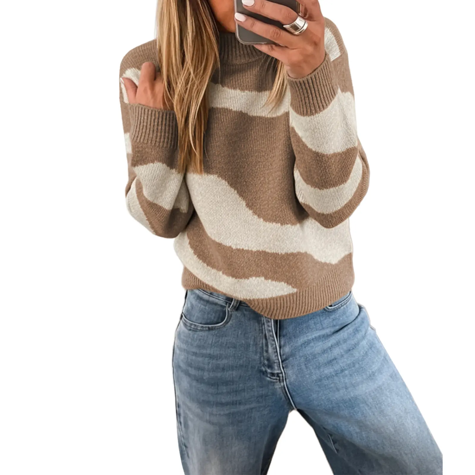 Chic Abstract Print Knit Sweater for Women - Elegant Mock Neck Pullover Top with Drop Shoulders and Ribbed Trim, Knitwear