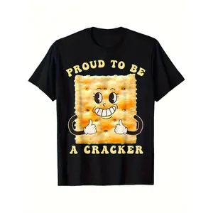 Proud to Be a Cracker Funny Snack-Themed T-Shirt - 100% Cotton Soft Breathable Black Tee with Cartoon Crackers & Bold Text Print, Casual Short Sleeve Round Neck Top for Men & Women, All-Season Comfort