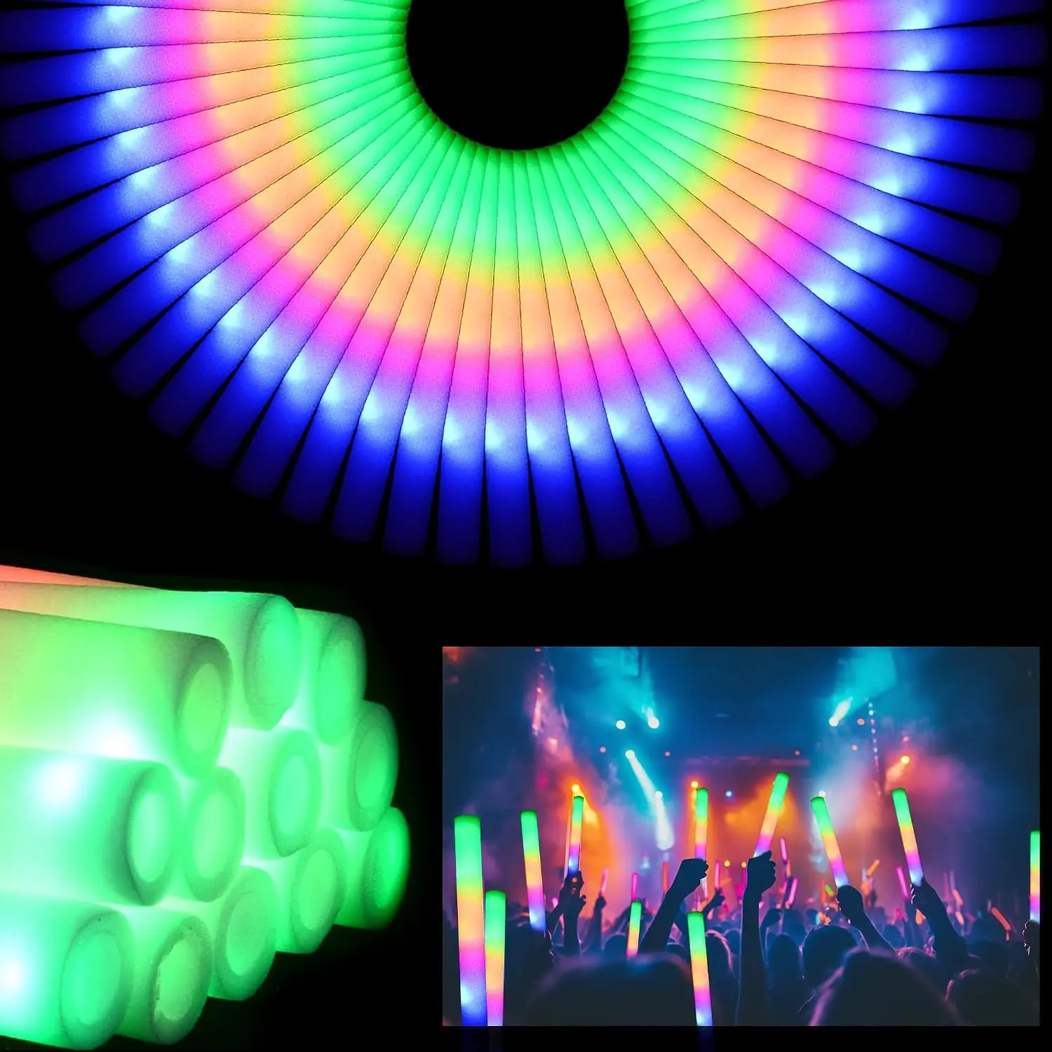 36 Pcs LED Foam Glow Sticks Bulk Glow in The Dark Party Supplies Light Up Sticks 3 Color Flashing Modes for Birthday Wedding Raves Carnival Halloween Christmas New Year Concert