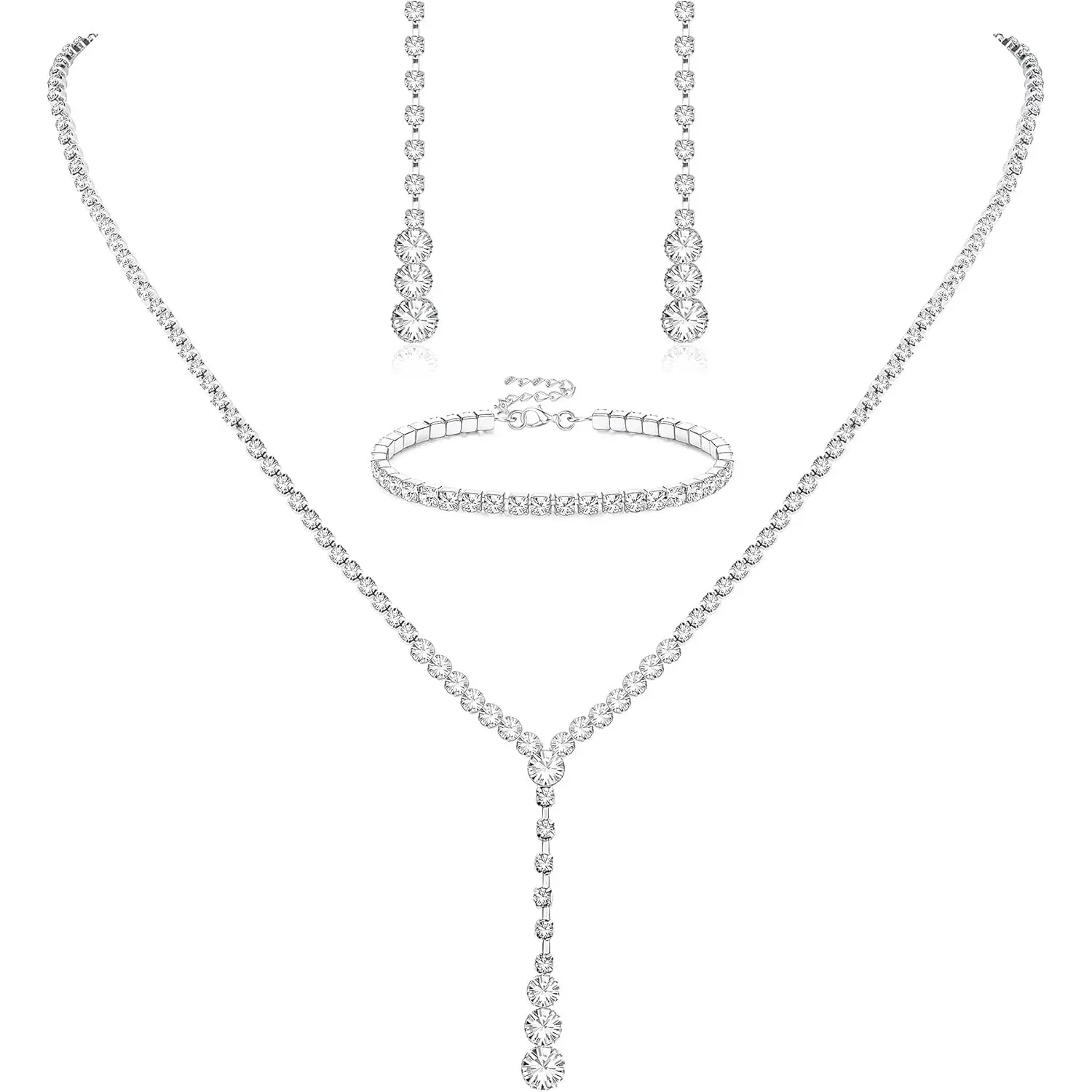 Milacolato Women's Bridal Crystal Jewelry Set - 17.7 Inches Rhinestone Inset Chain Link Necklace, Teardrop Dangling Earrings, Adjustable Metal Coating Bracelet for Bride Wedding Party, Valentine's Day, Thanksgiving Day, Valentines Day