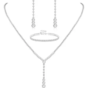 MILACOLATO Crystal Silver Necklace and Earrings with Crystal Bracelet for Women Teardrop Dangle Earrings Rhinestone Necklace Bracelet for Bride Bridesmaid Crystal Bridal Wedding Party Jewelry Sets