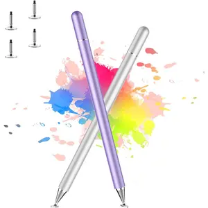 Stylus Pen for iPad, Stylus Pens for Apple/iPhone/Ipad pro/Mini/Air/Android/Microsoft/Surface All Capacitive Touch Screens Universal with 4 Replacement Tips (2 Pcs, Purple and Silver)