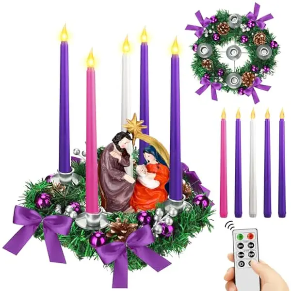 12 Inch Christmas Advent Wreath Candle Holder, Advent Wreath Centerpiece with 5 Flameless LED Taper Candles & Remote Control, Religious Xmas Tabletop Decoration for Church Home Altar
