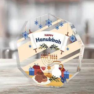 Acrylic Happy Hanukkah Gift Plaque, 1 Count Hanukkah Menorah Decorative Ornaments, Office Desktop Decoration, Home Decorative Gift