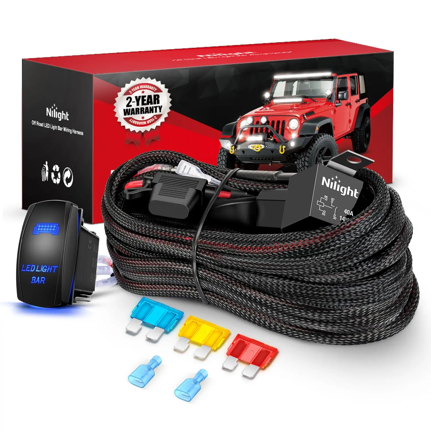 Nilight Nylon 14 AWG Wiring Harness Kit, 12V 5-Pin Power Rocker Switch (LED Light Bar Switch), Relay, Blade Fuse, Water-Resistant Lid for 12V Battery Vehicles, Off-Road Lights, Overload Safe, Simple Install