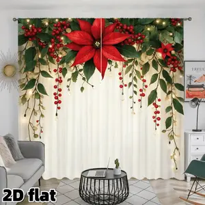 2D Flat 2Pcs Christmas Poinsettia Curtains Red Berry Holiday Decoration Printed Panel Rod Pocket Design Semi Sheer Polyester Window Treatment for Living Room Bedroom Kitchen Home Decor with LED Light Effect Elegant Style Window Decorations Supplies