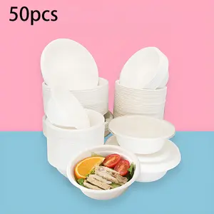 Biodegradable Disposable Paper Bowls for Food Service — Dinner/BBQ Bowls, Food-Grade, Thickened, Made from Sugarcane Bagasse (Residue), Household & Commercial Use, 50 Pieces, Compostable, Durable, Convenient