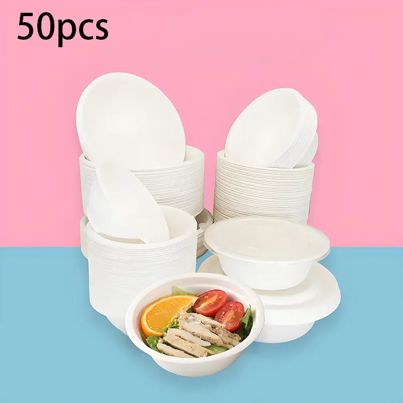 Biodegradable Disposable Paper Bowls for Food Service — Dinner/BBQ Bowls, Food-Grade, Thickened, Made from Sugarcane Bagasse (Residue), Household & Commercial Use, 50 Pieces, Compostable, Durable, Convenient