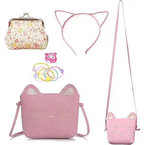 Cute  Crossbody Bag, 4 Pack Little Girls Purses Cute  Bag with 1 mini  Purse  Headband and Elastic Hair Ties