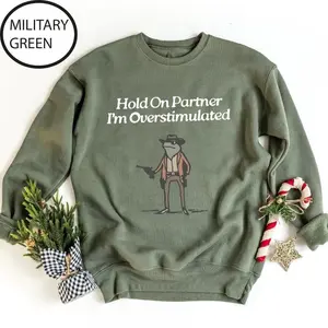 Hold On Partner Im Overstimulated Sweatshirt, Cowboy Frog Sweatshirt, Cowboy Frog Unhinged Shirt, Cute Animal Sweatshirt, Funny Frog Shirt