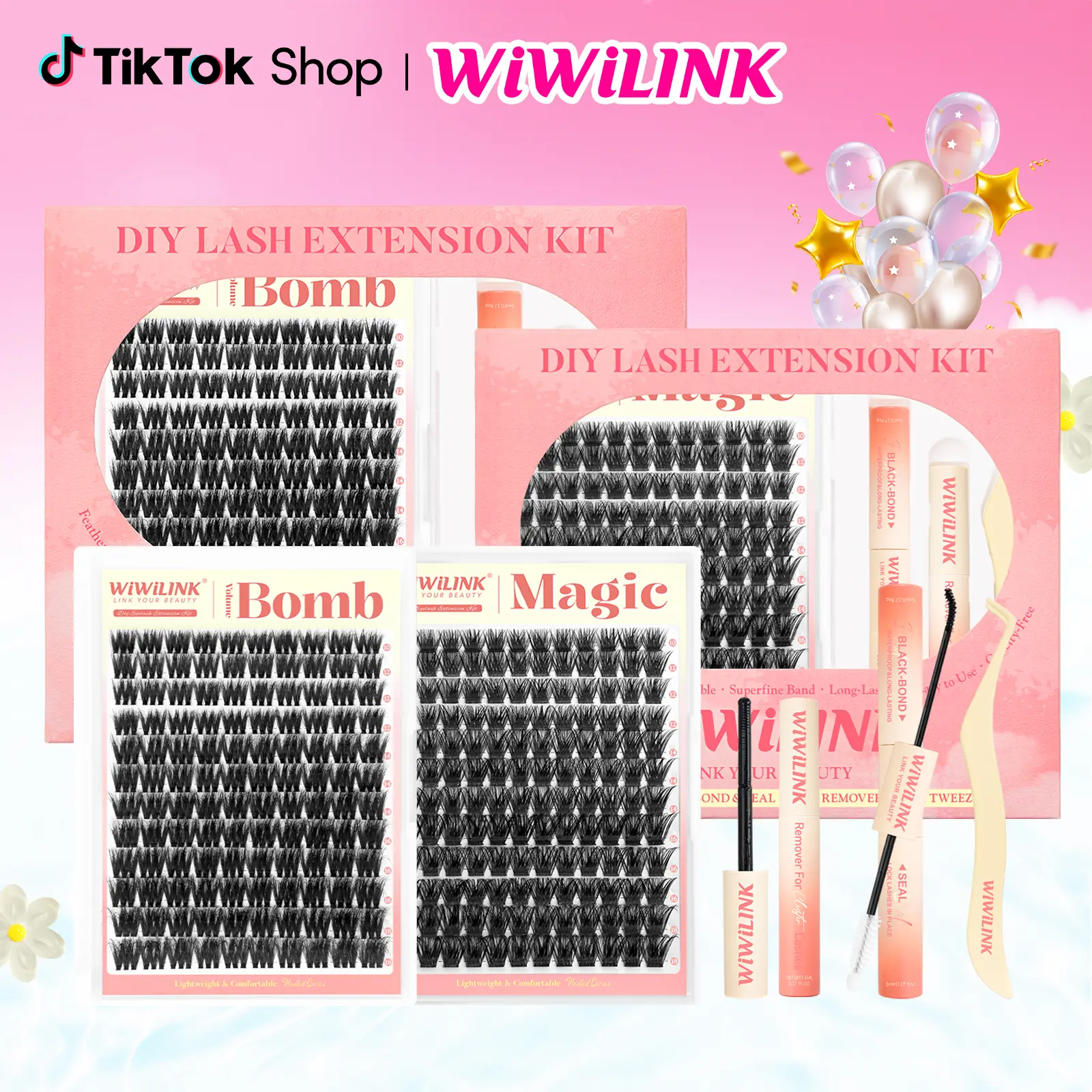 WiWiLINK Volume Bomb Magic 3D  Universal Lash Kit – Cluster Lashes in C/D Curl, DIY Lash Extension Set with Clusters (10-18mm, Includes Bond, Seal, and Remover) – Ultra-Thin Transparent Bands
