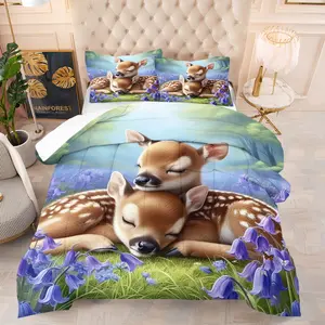 Christmas Ice Crystal Aurora Snow Deer Bed Comforter/Quilt Set (2/3 Pcs) Includes 1 Quilt + 1/2 Pillowcases (no Filler) Moonlit Fluffy Snow Deer Fits Bedroom, Homestay, Dorm, Loft, Rural Homestay. for Couples, Kids, Families, Students, Girlfriends
