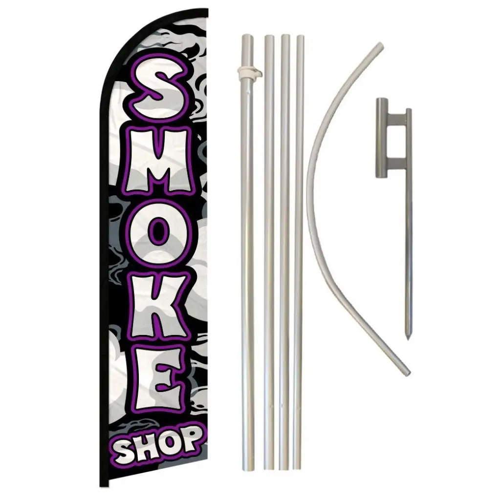 11.5x2.5 ft Windproof Purple Smoke Shop Banner Flag with Complete Steel-Aluminium Pole Kit, Windless Synthetic Polyester Material, Unique Print, Curved Sleeve, Easy-Install Home Supplies Party Backdrop
