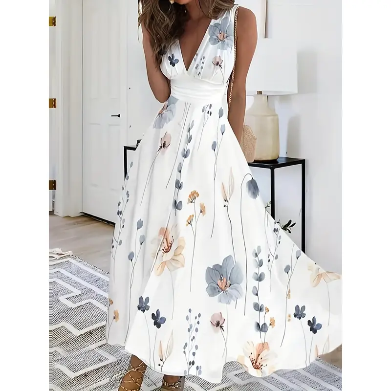 flowy plunge dress ND Blue Deep Plunge Neckline Flowy Sleeveless Maxi Dress S / Blue main image 1