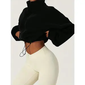 Women’s stand-collar short fleece jacket, slimming sexy long-sleeve zip coat, waist drawstring design, adjustable loose fit, fall/winter, womenswear