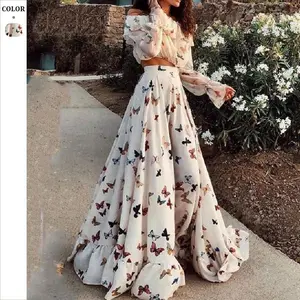European & American Cross-Border Internet-Famous Butterfly Print Boho Two-Piece Set – White Long Skirt Beach Dress with Wide Hem for Summer