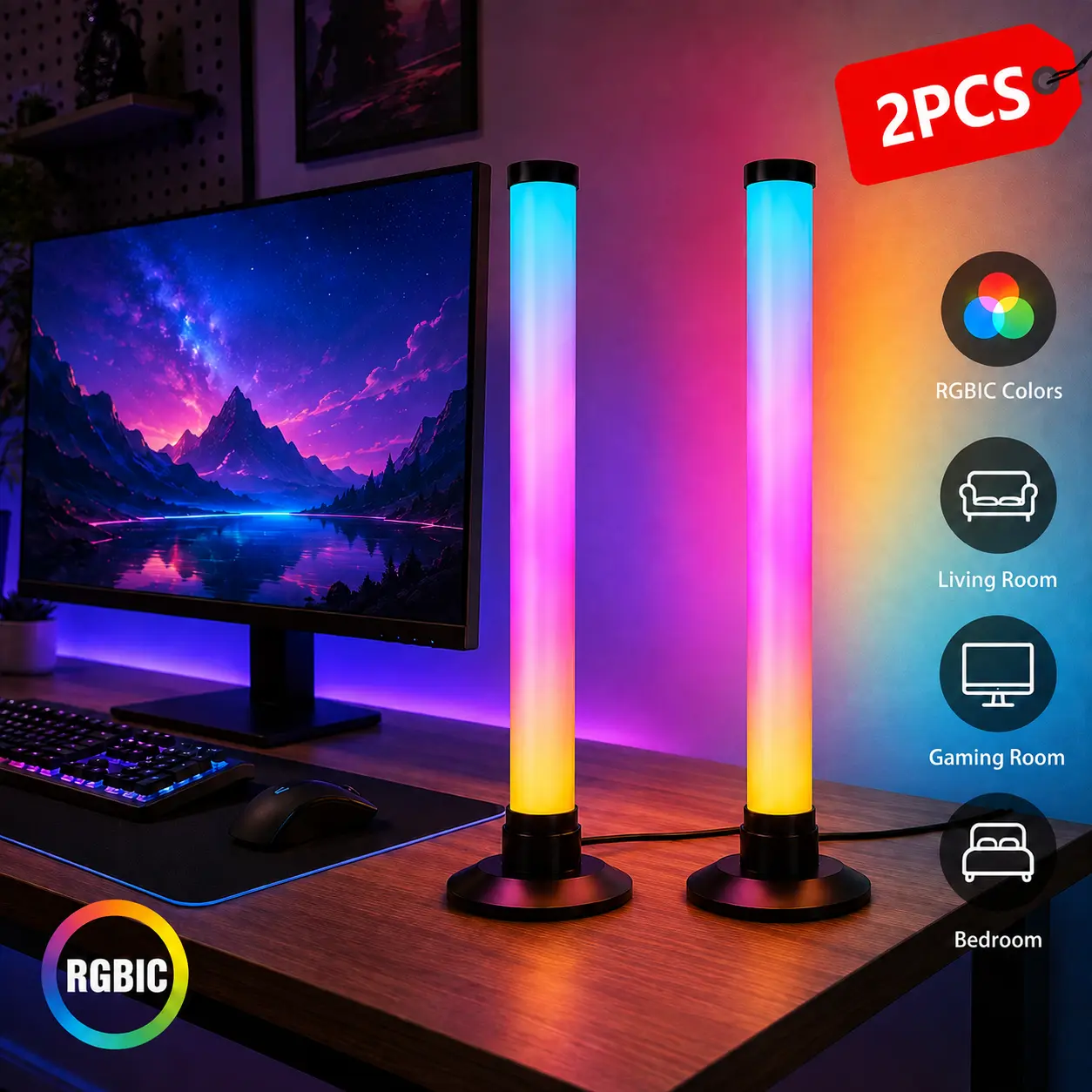 2PCS Minimalist USB-Powered RGBIC Dimmable Desk Lamps - APP Control, Wireless Controller, Music Sync, Full Body LED Ambient Lighting, Decorative Atmosphere Lighting, Indoor Decor, Bedroom Lights, Standing Night Lamp for Game Room,home decor