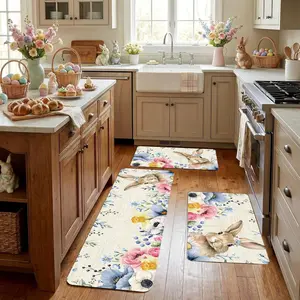 2pc/3pc Easter Happy Kitchen Mat Set with Colorful Bunny Egg Floral Design, Spring Home Decor Non-Slip Bathroom Mat for Festive Cooking Rug Sets, Kitchen Rugs Sets