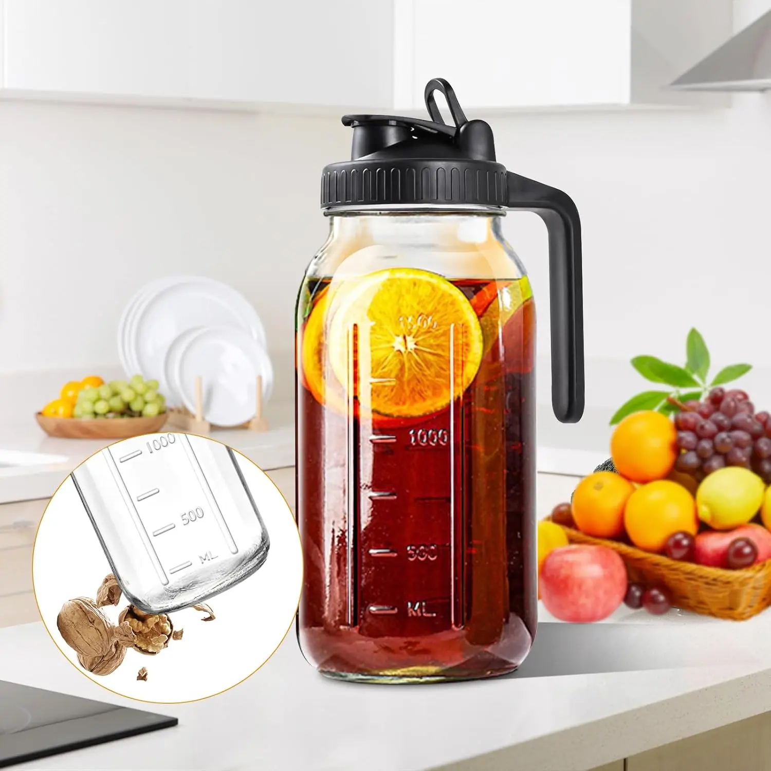 64oz Glass Pitcher with Lid, 2 Quart Mason Jar Pitchers with Lid and Spout, Wide Mouth Breast Milk Pitcher Glass Jug Sun Tea Pitchers, Cold Brew Coffee pitcher, Fridge Container for Water, Juice, Tea