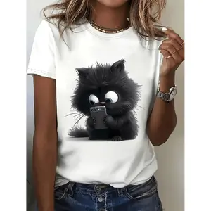 Charming Cartoon Cat Print T Shirt Polyester Crew Neck Short Sleeve Casual Top for Cat Enthusiasts Fashionable Knit Fabric All Seasons