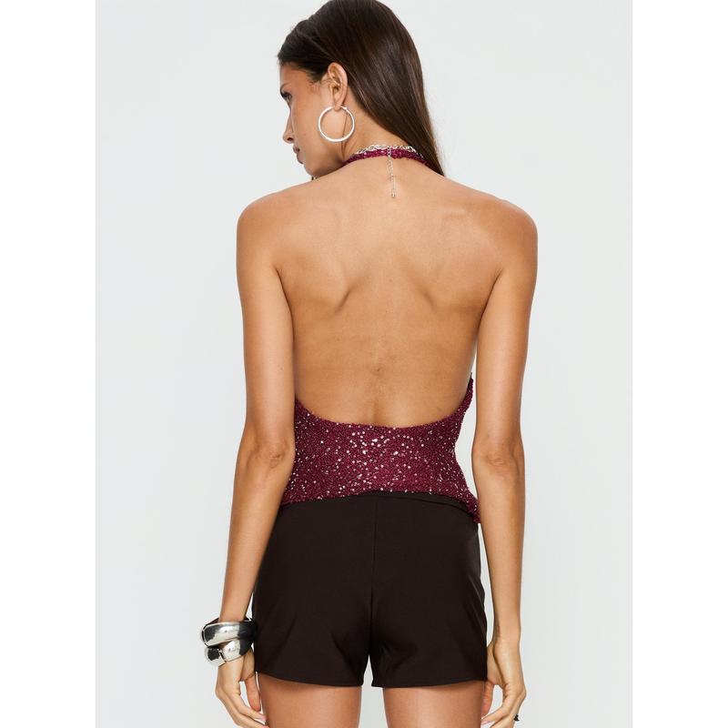 Vinezza Halter Glitter Knit Top Cherry