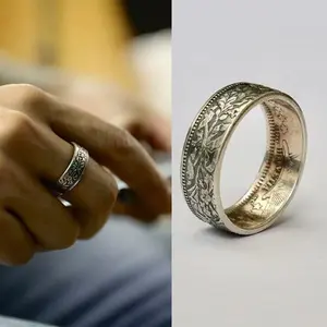 Vintage Floral Coin Ring Size 8, Retro Engraved Leaf Band for Men Women, Punk Statement Couple Jewelry Gift