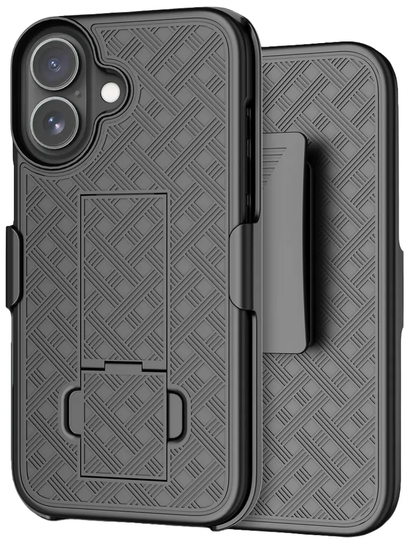 Case with Clip for iPhone 17, Nakedcellphone Slim Hard Shell Phone Cover with Kickstand and [Rotating/Ratchet] Belt Hip Holster Holder Combo - Black