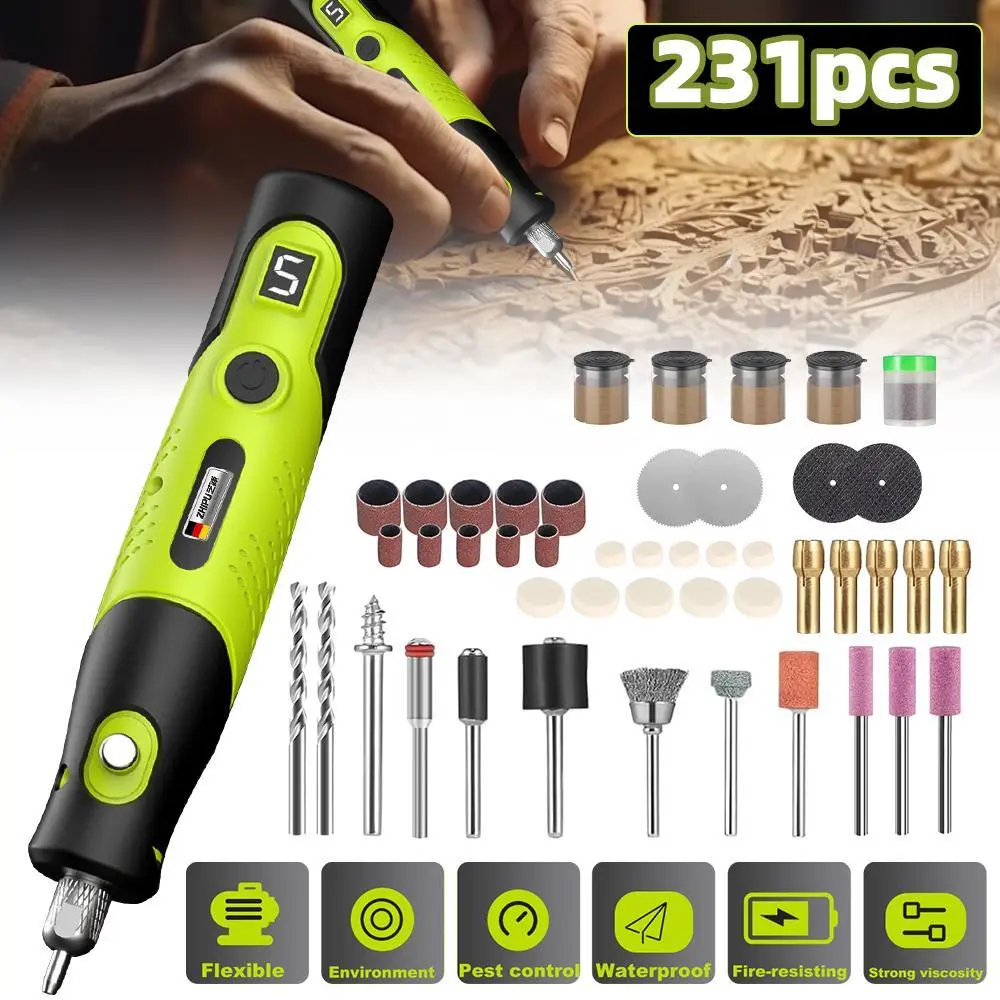【BackToSchool】Mini Rotary Tool Kit with 231 Accessories, Cordless Grinder Drill with 5 Variable Speeds (5000-18000RPM), USB Rechargeable for Sanding, Carving & DIY