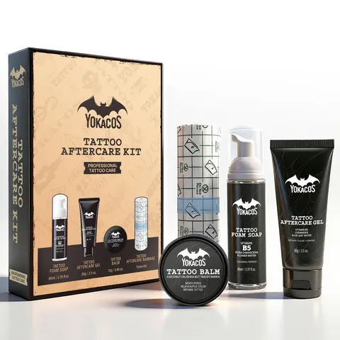 YOKACOS Tattoo Aftercare Kit, 4-Piece Set with Tattoo Balm, Hydrating Gel, Cleansing Foam & Protective Tattoo Wrap for Fresh & Healed Ink